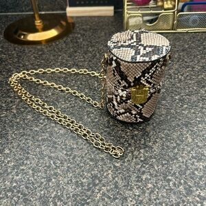 Snakeskin Cylinder Crossbody Bag with Gold Chain